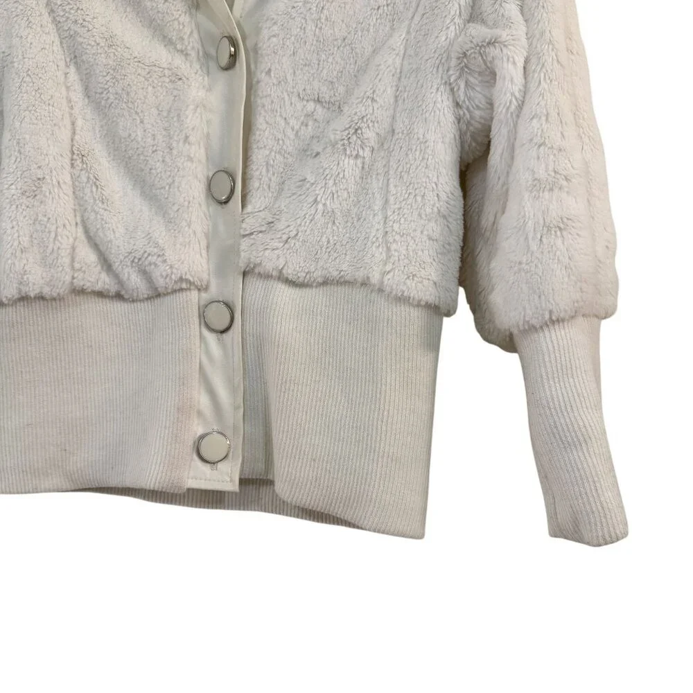 Y2K Dérotchild Faux Fur Bomber Jacket Ivory White Puff Sleeve Ribbed Hem Small - Picture 3 of 9
